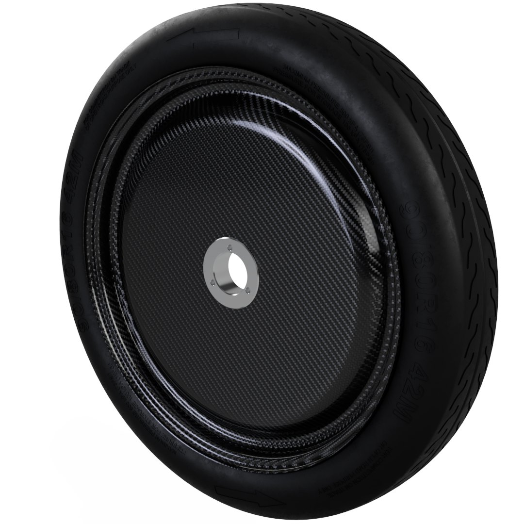 Photorealistic render of the finished single-piece carbon-fibre wheel with the tire fitted, showing the woven twill sidewall and the machined aluminium hub centre