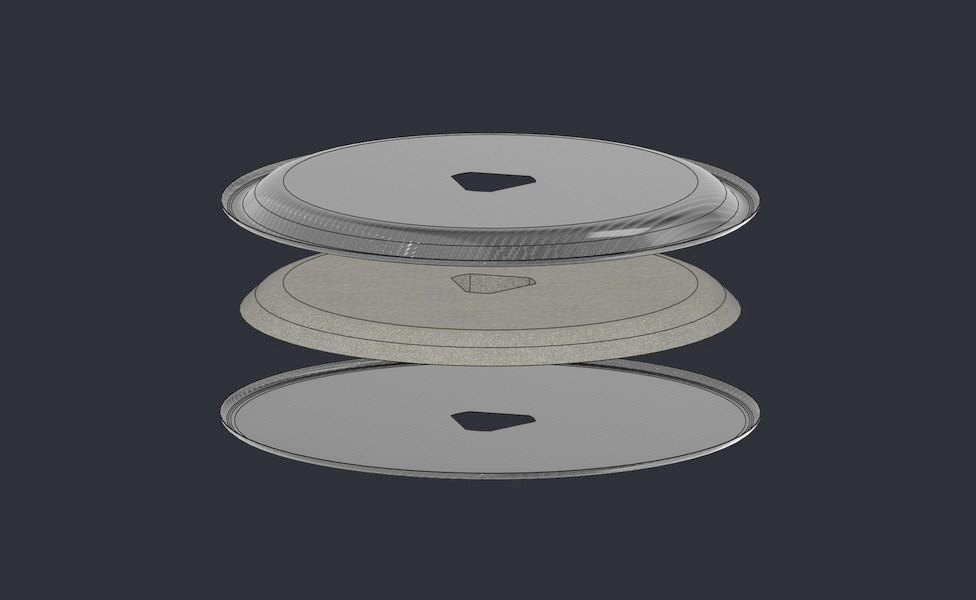 Exploded CAD render of the sidewall, separated into three discs: an outer carbon-fibre skin, a foam core, and an inner carbon-fibre skin