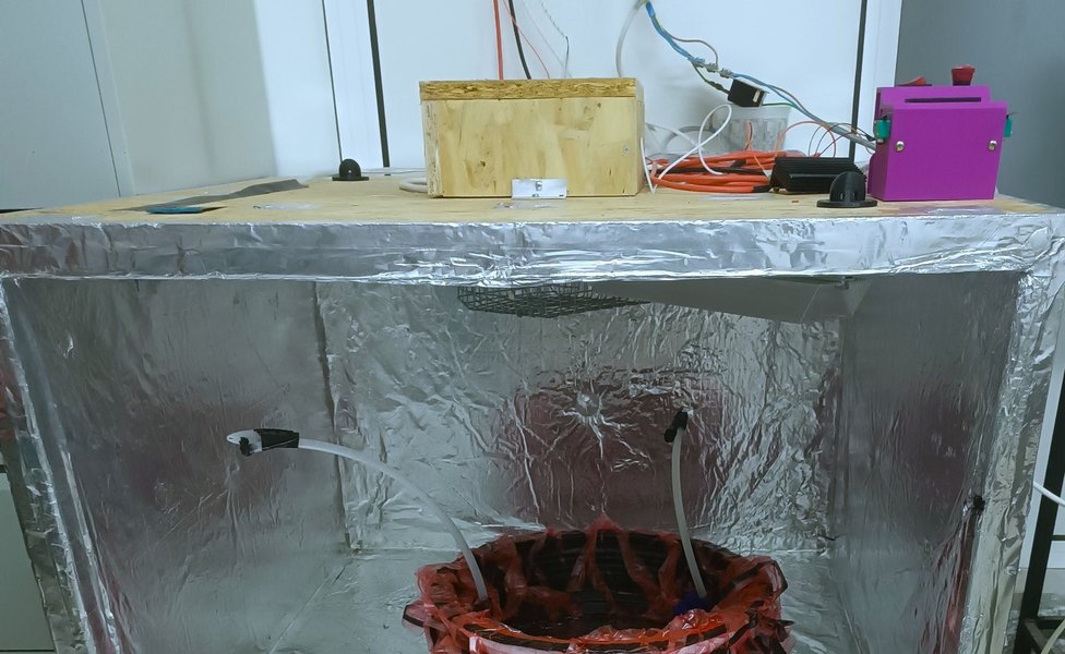 The oven's OSB shell with a plywood controller enclosure and a magenta E-STOP box sitting on the lid, wiring running between them, and the foil-lined chamber below with the circulation fan grille in its ceiling