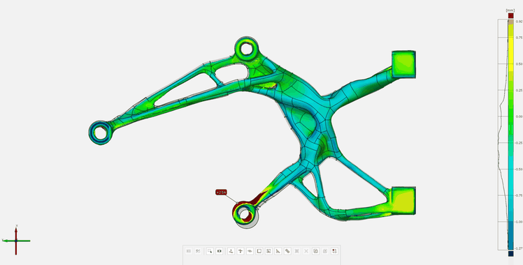 GOM Inspect deviation map comparing a structured-light scan of the printed motor mount against its CAD model