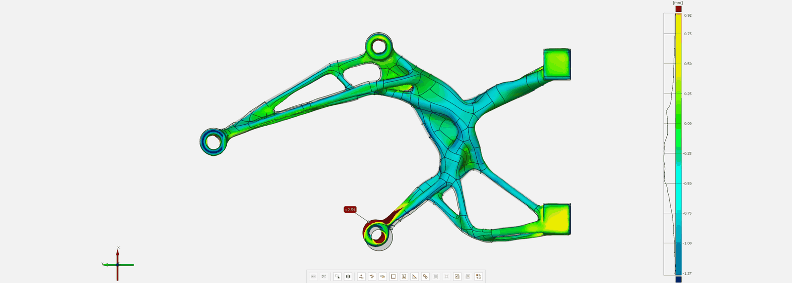Scan-to-CAD deviation map of the printed motor mount in GOM Inspect, the surface coloured from blue through green to red where the part runs outside tolerance