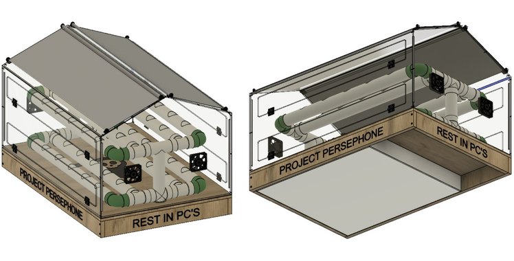 Bird's-eye and worm's-eye CAD renders of the Project Persephone hydroponic greenhouse