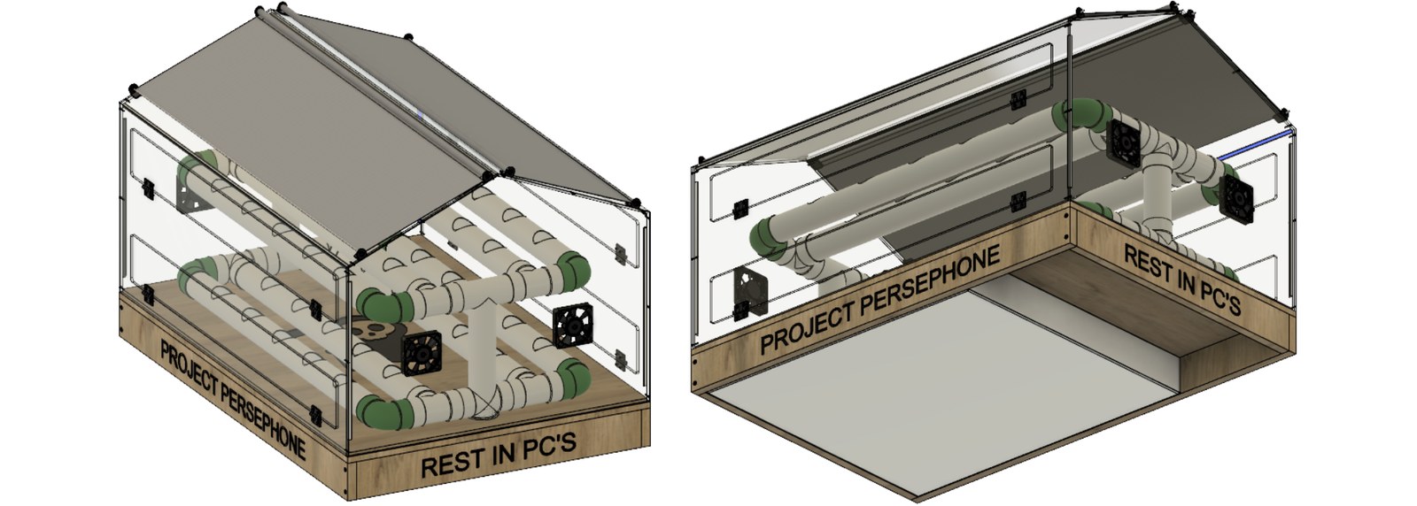 Two CAD renders of the Project Persephone greenhouse side by side — a bird's-eye view on the left and a worm's-eye view on the right — showing the two levels of grow pipes, the ducting, the side fans and the wooden base