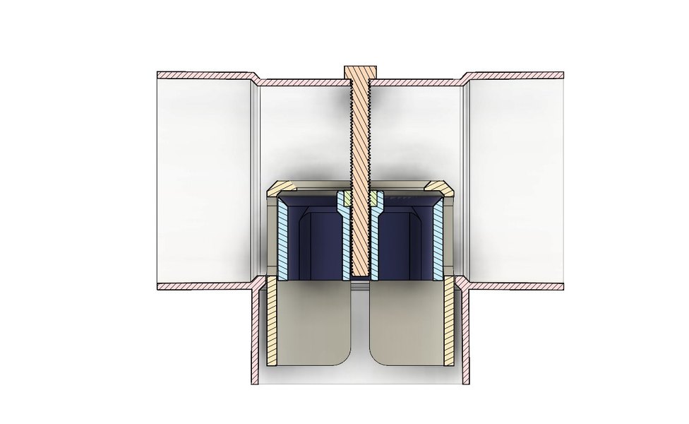 Cross-section CAD render of the 3D-printed flow-control valve, hatched to show the threaded screw column that raises and lowers the valve compartment inside its housing