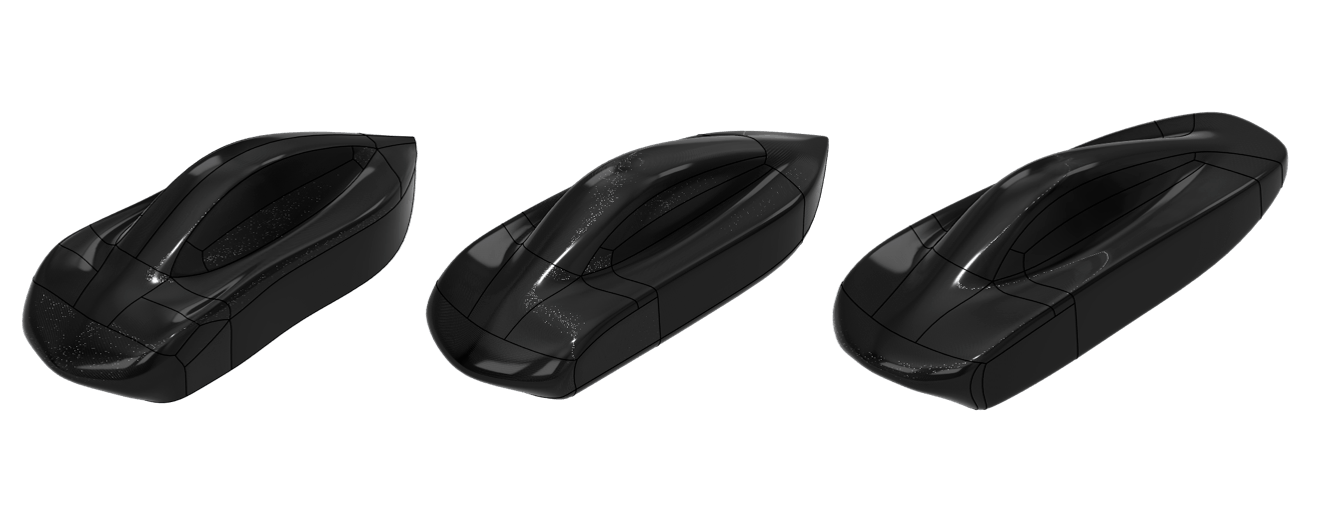 Three dark CAD renders of the body side by side, left to right: a blunt high-shouldered form, an intermediate shape with a flatter deck, and the final low fastback with a long rear taper