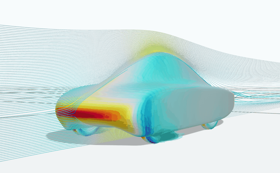 CFD result over the PYRFOROS IV body: streamlines wrapping the fastback shape, with a red high-pressure region at the nose and blue accelerated flow over the shoulders