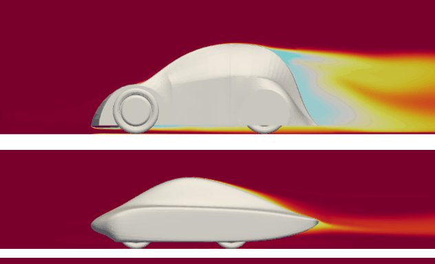 Two stacked CFD total-pressure sections: the previous car above, trailing a wide yellow and orange wake, and PYRFOROS IV below, whose wake collapses to a thin streak