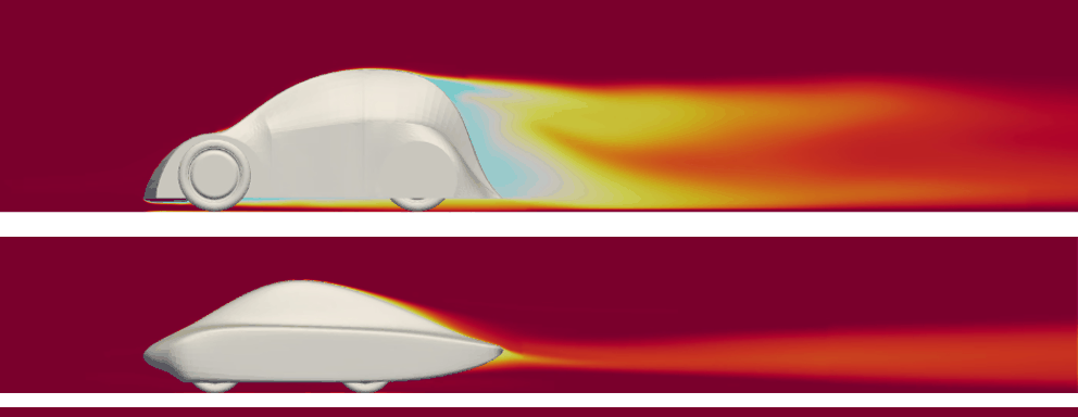 Two stacked CFD total-pressure sections: the previous car above, trailing a wide yellow and orange wake far downstream, and PYRFOROS IV below, whose wake collapses to a thin streak just behind the tail