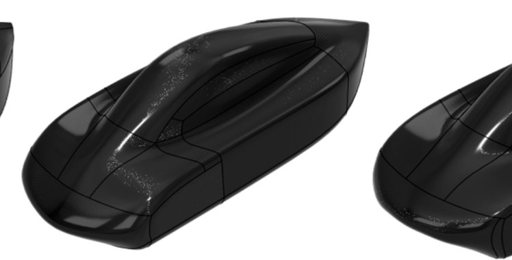 CAD render of the PYRFOROS IV exterior form at design iteration V3, a rounded enclosed-wheel fastback shape