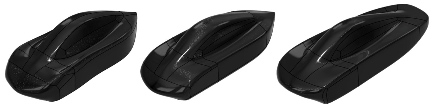 Three CAD renders of the PYRFOROS IV exterior at design iterations V1, V3 and V7, shown in sequence, progressively tapering from a rounded initial form to a longer, more enclosed fastback silhouette