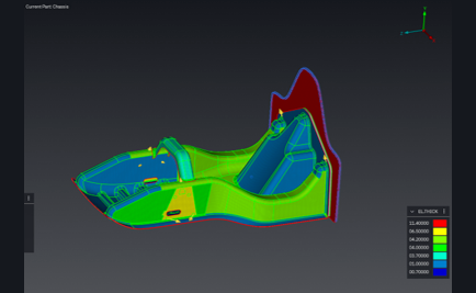 CAE thickness contour of the monocoque shell viewed from the side, the surface coloured green over most of the tub and red across the rear bulkhead region, with a thickness legend at lower right