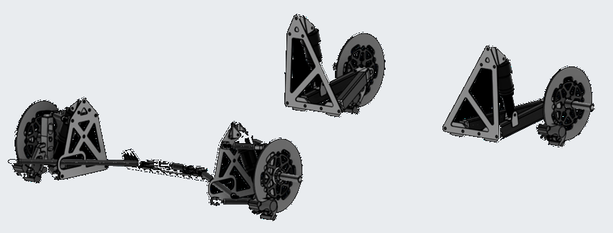 CAD assembly render of the double-wishbone front corners, central steering rack and trailing-arm rear on a plain background