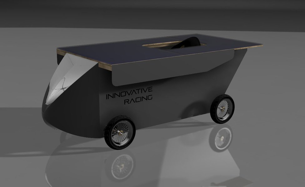 CAD render of the solar car at revision 27: a wedge-shaped grey bodyshell with a pointed nose, a flat rectangular roof deck of dark solar cells overhanging the sides, an open cockpit slot in the deck, and spoked wheels