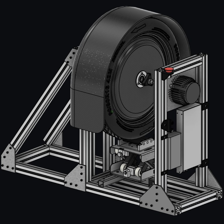 CAD assembly render of the wheel test bench showing the motor and electronics enclosure