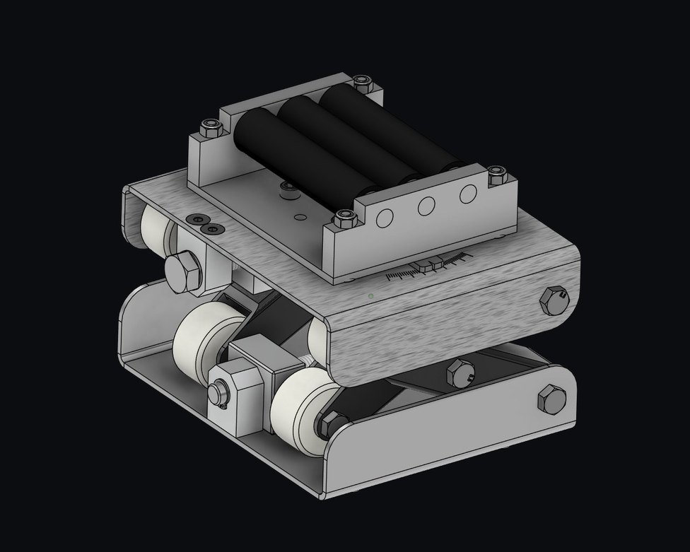 CAD render of the scissor-lift and roller loading mechanism, detail view