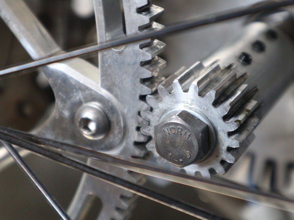 Close-up of the new gear train after a race, showing no significant wear