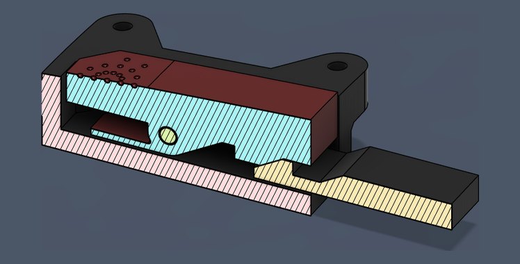 Sectioned CAD view of the quick-release bodyshell latch, cut through the housing to show the sprung catch and the striker tongue it captures