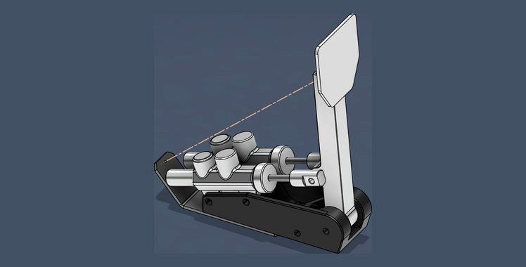 CAD render of the brake pedal assembly — pedal arm, balance bar and twin master cylinders on their mounting plate