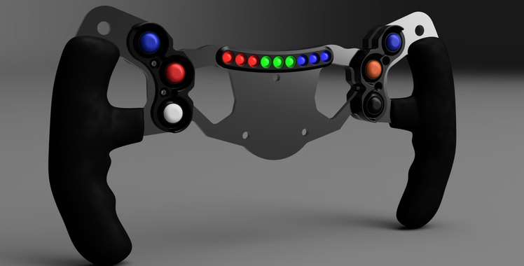 Render of the first-iteration steering wheel with its topology-optimised centre plate, twin rotary switches and an LED shift strip